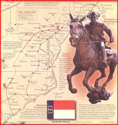 graphic map of the ride of Captain James Jack to Philadelphia