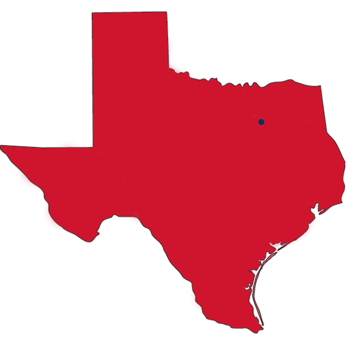 Silhouette of Texas with marker on Dallas area